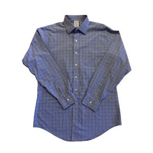 Brooks Brothers Mens 16-35 Slim Fit Non-Iron Blue Glen Plaid Dress Shirt Cotton